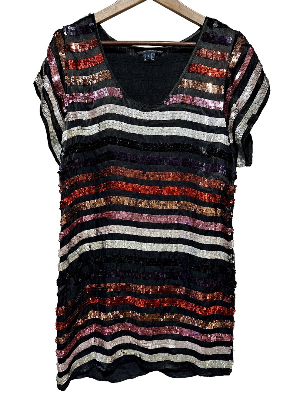 French Connection Sequin Stripe Tunic Dress Top Black Copper Pink Size 6